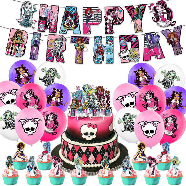 Monster High Barn Födelsedagsfest Dekorationer Ballong Banner Cake Toppers Set Supplies
