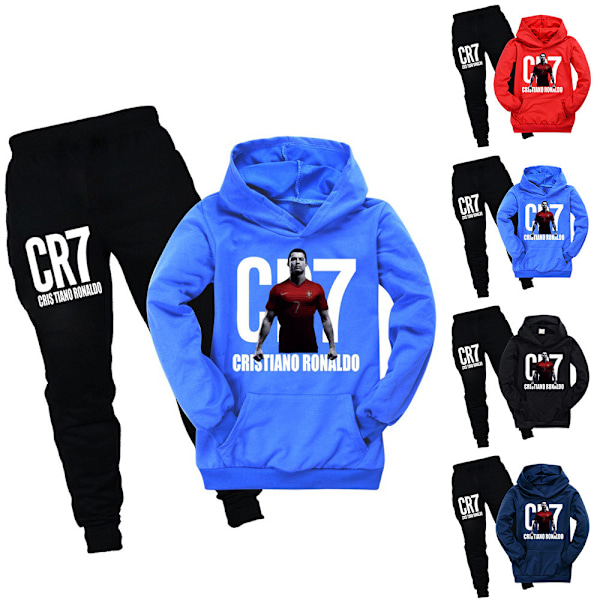 Cristiano Ronaldo CR7 Barn Sportkläder Träningsdräkt Långärmad Tröja med Luva Sweatshirt Byxor Casual Outfits Dark blue 140cm