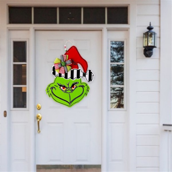 Julgrinch Trä Dörr Hängande Skylt Gård Veranda Fönster Deko Stripe