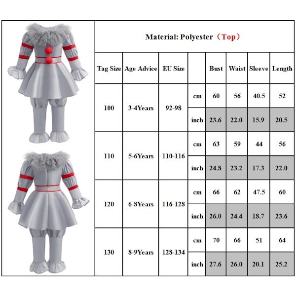Halloweenfest Barn Stephen King's It Pennywise Clown Cosplay Kostym Klänning-Up 100cm