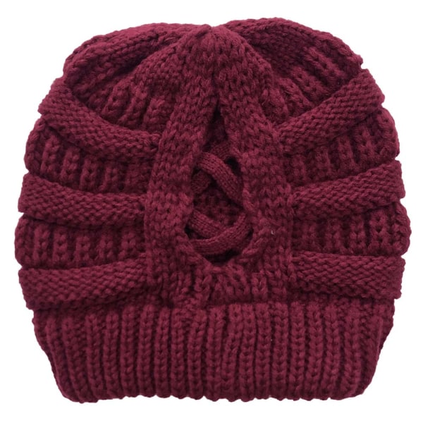 Fashion retro huvudbonad kvinnors kors hästsvans stickad mössa Maroon