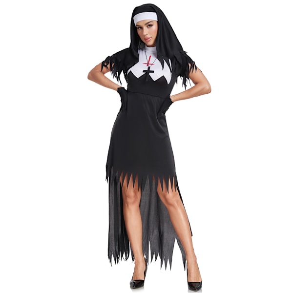 Halloween-nunndräkt, Skräck, Vuxen, Bakre Klänning, Uniform, Halloween Rollspel Tillbehör, Outfit L