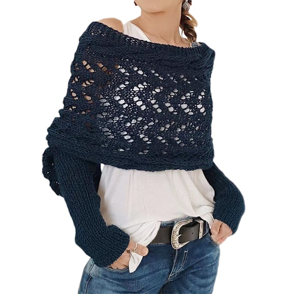 Strikkegensere for kvinner Skjerf Mote Elegant skjerf med erme Høst Vinter Varm utendørs Navy Blue