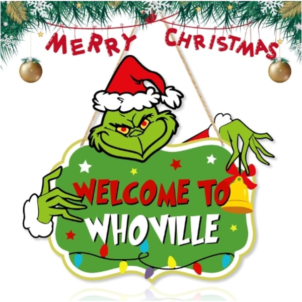 Grinch-skylt Julhängande Skylt Glad Grinchmas Trä Dörrskylt för Jul Vägg Träd Dekoration C