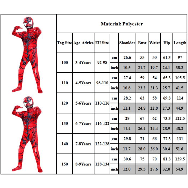 Unisex 3d Red Venom Halloween kostymer Cosplay Jumpsuit Body 110cm