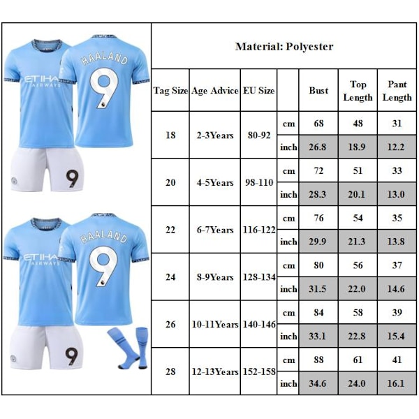 Fotbollströja Set Barn Nummer #9 Haaland Tröja Fotboll Ungdom Träningskläder Fotboll Träningsuniformer 20