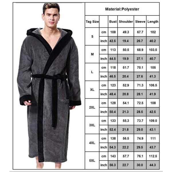 Män Morgonrock Handduksbyte Robe Fleece Pocket Badrock Present Black 2XL