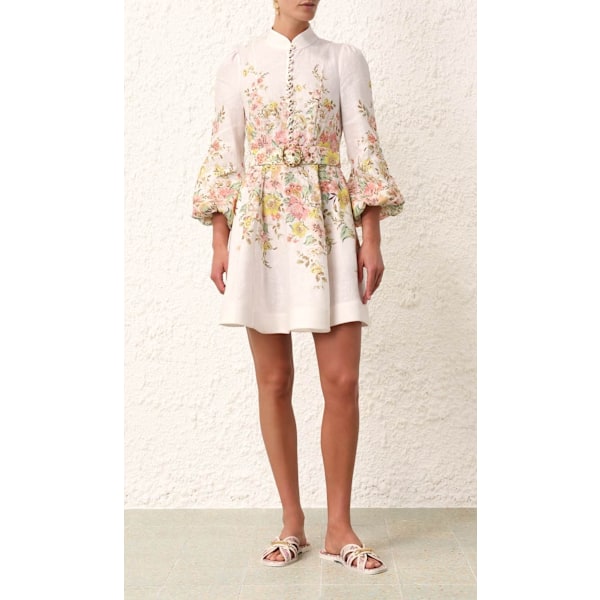 MATCHMAKER KNÄPPT MINI KLÄNNING Vintage Klänning för Kvinnor Ståkrage Enkelknäppt Knapp Lykta Ärm Klänning med Bälte White M