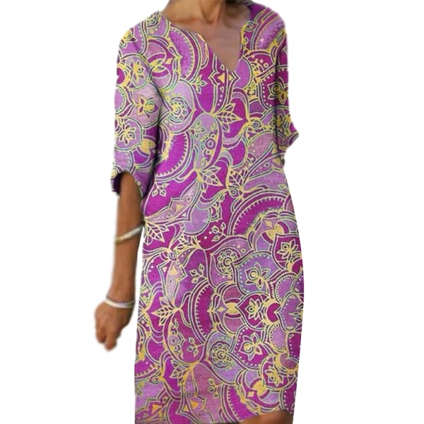 Damer med printed mid-sleeve klänning retro casual klänning purple 2XL