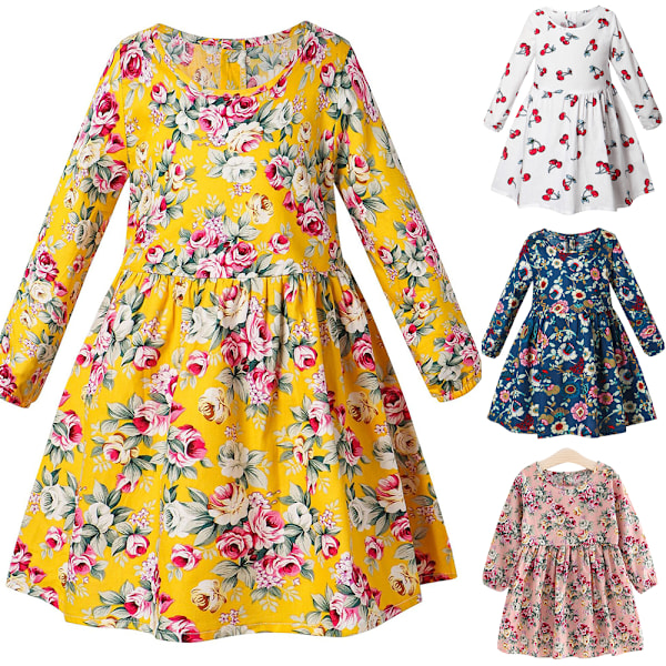 Barn Flicka Boho Blommig Långärmad Prinsessklänning Semesterfest Bal Swing Klänning Yellow 110cm