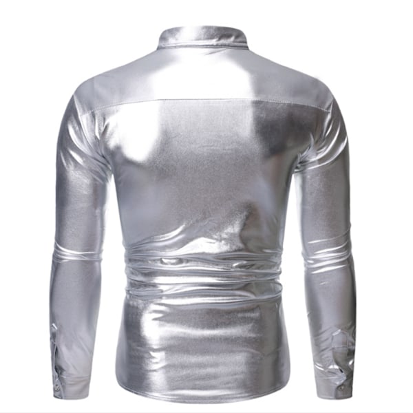 Miesten Vintage Metallinhohtoinen Paljetti 70-luvun 80-luvun Disco Pitkähihainen Napitettava Paita Slim Silver M