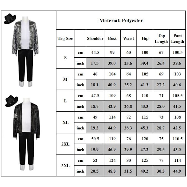 Lyxig Paljettjacka Outfit Michael Jackson Vuxen Halloween Maskeradfest Silver + Hat S