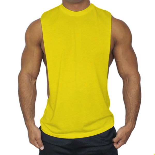 Enfärgad, ärmlös, låg sportskjorta för män med heltryck yellow 2XL