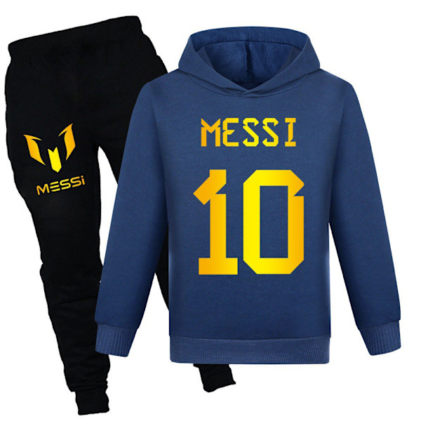 Messi Tryckt Barn Pojke Flicka Hoody Träningsoverall Jumper Hoodies Topp Byxor Set Outfits Sportkläder Navy blue 160cm