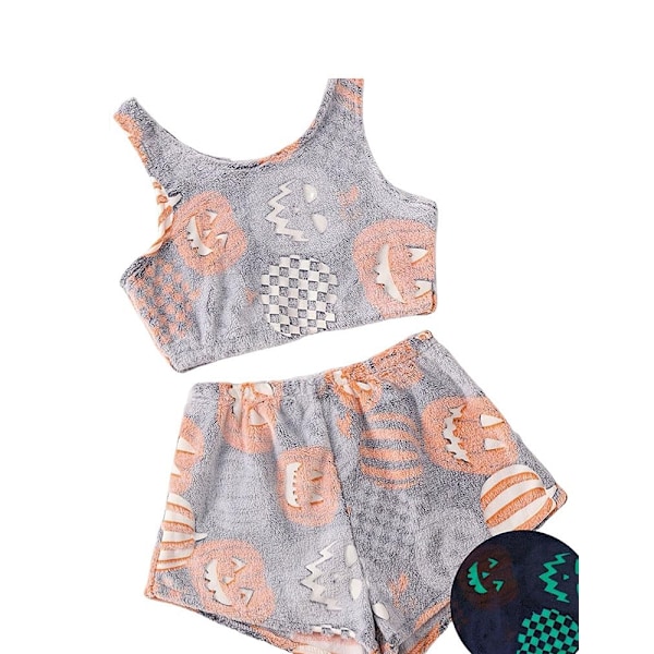 Spooky Vest Pyjamasæt, Halloween Print til Kvinder, Selvlysende Pyjamassæt Orange M