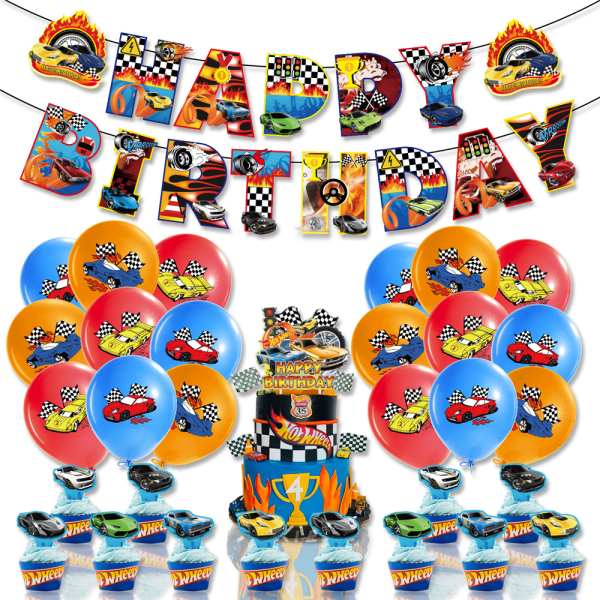 Hot Wheels tema ballonger Set Födelsedagsfest Banner Cake Topper