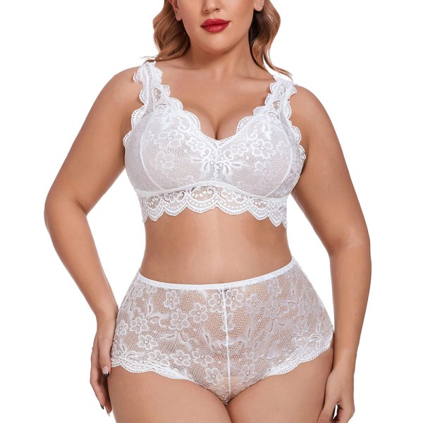 Kvinnor Sexig Spets BH Trosor Plus Size Nattkläder Underkläder Set White 2XL