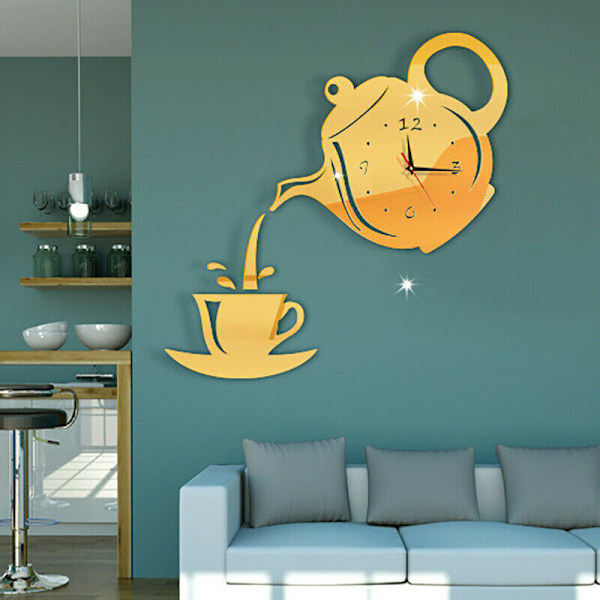 DIY Akryl Kaffekop Tekande 3D Væg Ur Køkken Vægure Golden
