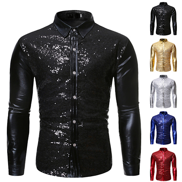 Miesten Vintage Metallinhohtoinen Paljetti 70-luvun 80-luvun Disco Pitkähihainen Napitettava Paita Slim Red M