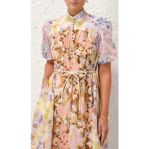 POP PUFF ÄRM MAXIKLÄNNING Dam Sommarklänningar Blommig Solklänning Retro Ståkrage Knytdetalj Midi Semester Långklänningar 2XL