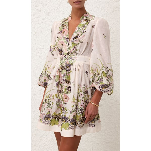 Sommer- og efterårskjole til kvinder i bohemestil, korte kjoler, lange lanternærmer, V-hals, blomsterprint, retro, løs kjole M