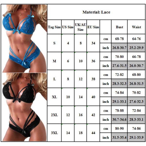 Erotisk underkläder för kvinnor, sexig behå, stringtrosor, nattkläder blå 3XL