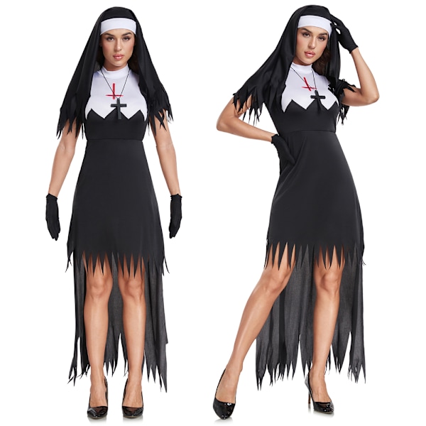 Halloween-nunndräkt, Skräck, Vuxen, Bakre Klänning, Uniform, Halloween Rollspel Tillbehör, Outfit XL