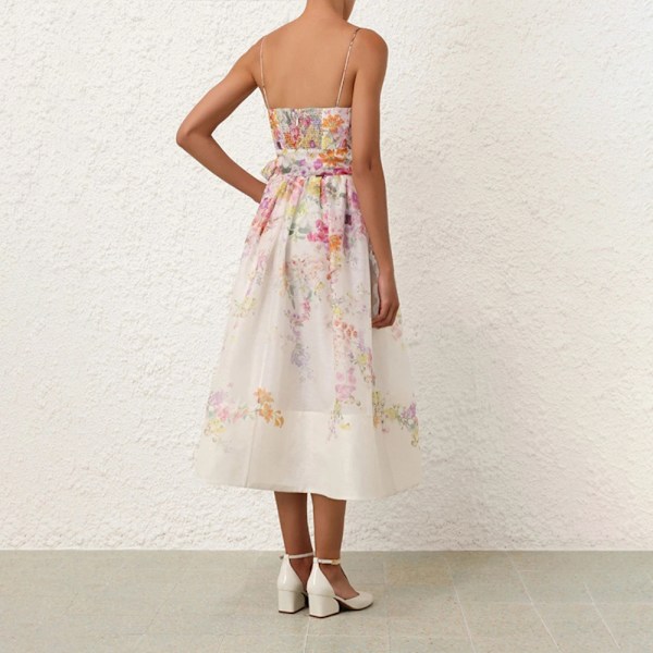 Zim Style Natura Corset Trykt Linned Midi Kjole Dame Sommer Stroppe Kjole M