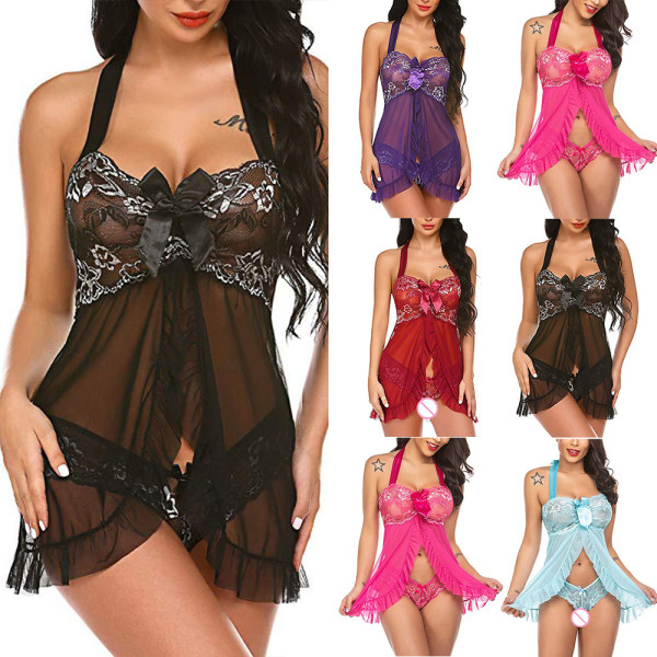 Kvinnors sexiga nätlingerie set push-up halterneck klänning nattkläder Black 2XL