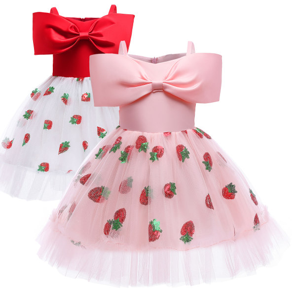 Flickor Strawberry Paljetter Mesh Princess Dress with Sling Tutu Red 6~7Y