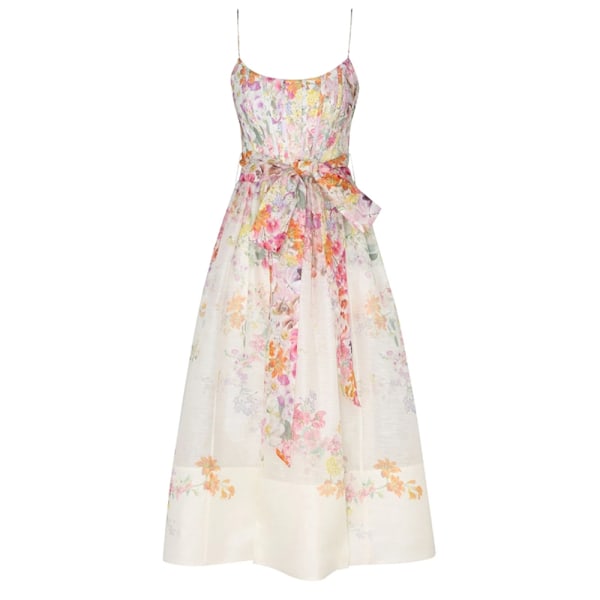Zim Style Natura Korset Trykt Linned Midi Kjole Dame Sommer Stroppe Kjole S