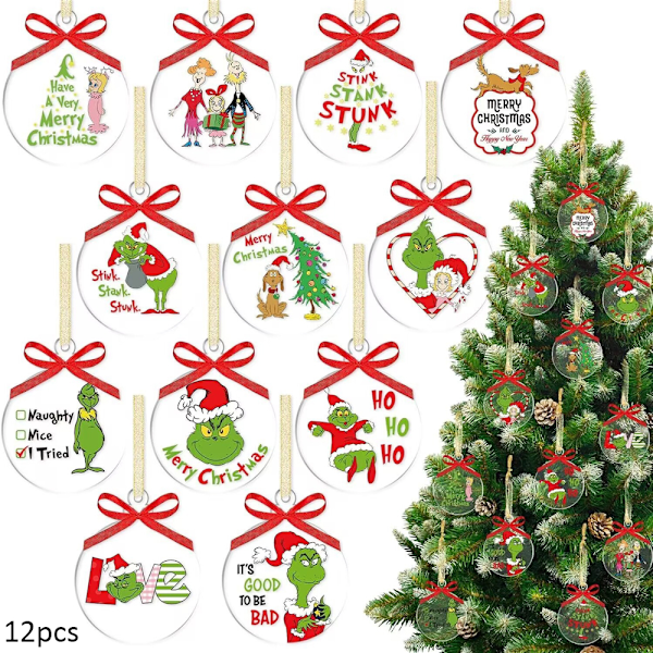 12 st 2D Merry Grinchmas Hängande Dekorationer i Akryl, Julgranspynt 12PCS