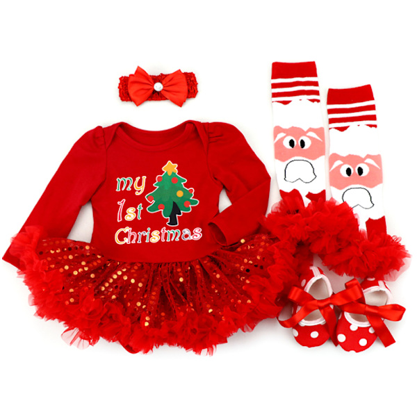 Baby Jul Kläder Flicka Fyra-delad Långärmad Romper Klänning D XL