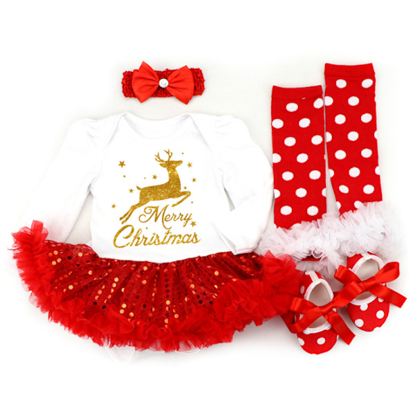 Baby Jul Kläder Flicka Fyra-delad Långärmad Romper Klänning B XL