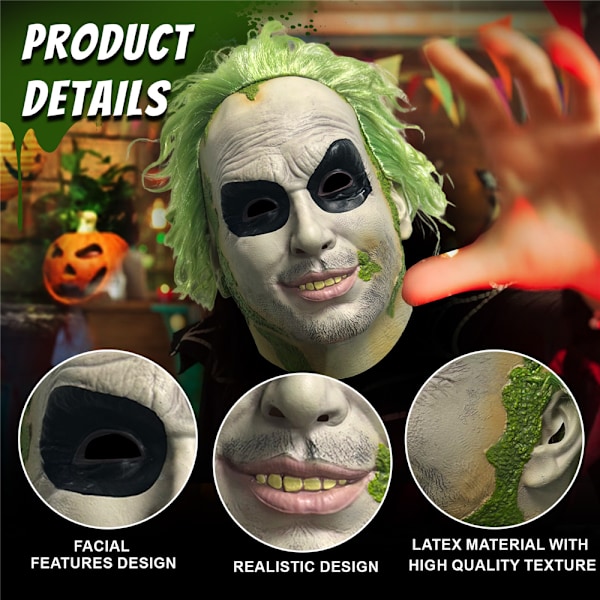 Halloween Beetlejuice Klovninaamio Pelottava Jokeri Kokopään Naamio Cosplay Pukurekvisiitta Hieno Puku Short hair
