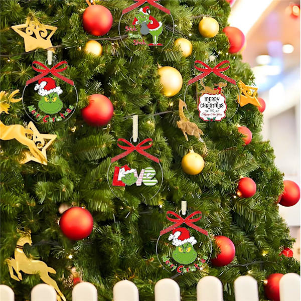 12 st 2D Merry Grinchmas Hängande Dekorationer i Akryl, Julgranspynt 12PCS