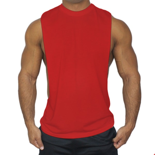 Enfärgad, ärmlös, låg sportskjorta för män med heltryck red 2XL