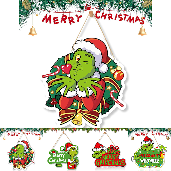 Grinch-skylt Julhängande Skylt Glad Grinchmas Trä Dörrskylt för Jul Vägg Träd Dekoration C