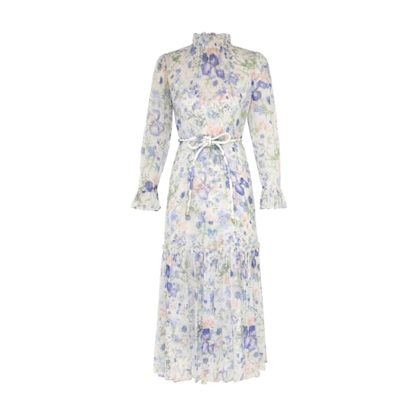 NATURA TUBULAR MIDI Kjole 2025 Sommer Dame Mode Temperament Retro Stående Hals Slips Flare Ærmer Dame Lang Kjole M