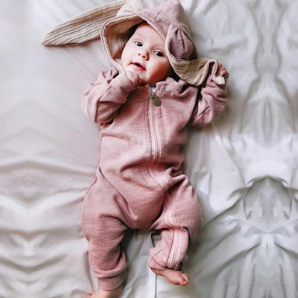 Baby Romper Söt Kanin 3D Öron Hoodie 1-Delad Dragkedja Body Pink 66