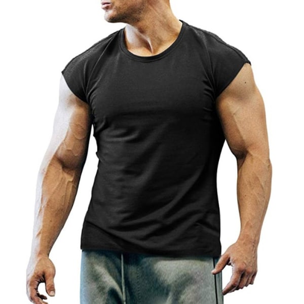 Män Väst Fitness Gym Sport Sommar Casual Cap Sleeve Shirt Black M