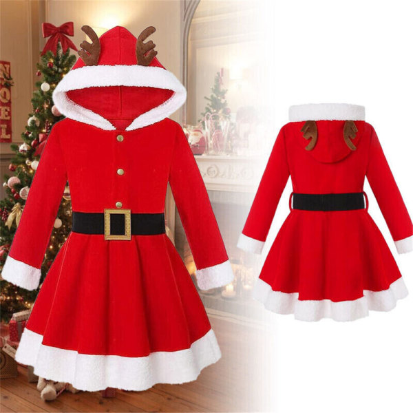 Barn Flickor Jultomten Cosplay Kostym Huvklänning 160CM