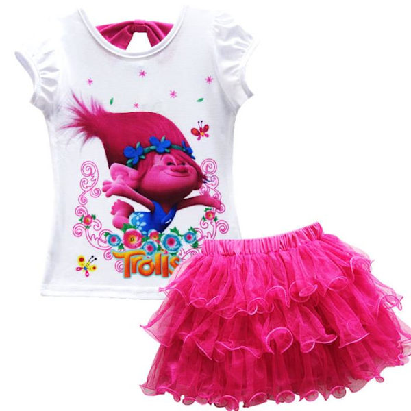 Barnflickor Trolls Prinsess Poppy Kortärmad T-shirt + Tutu Tyll Minikjol Rose Red 140cm