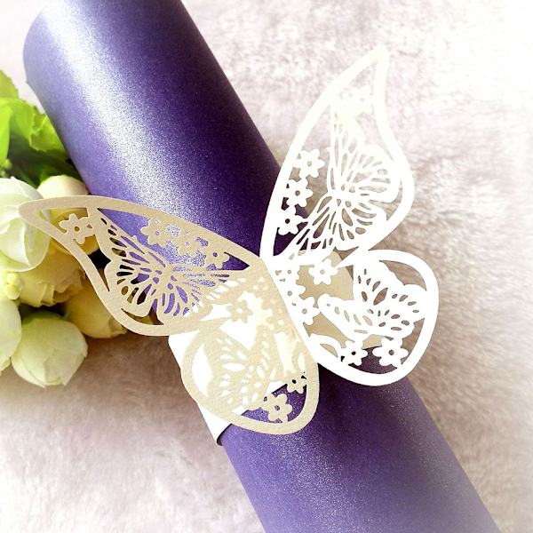 Udhulet sommerfugl papir ring spænde håndklæde dekor serviet spænde Ivory 20pcs