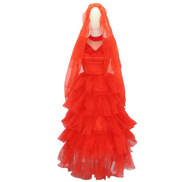 Beetle Cosplay Juice -asu Lydia Punainen Hääpuku Asut Naiset Retro Pitkähihainen Pitsi Tylli Morsiuspuku Halloween-juhlapuku XL