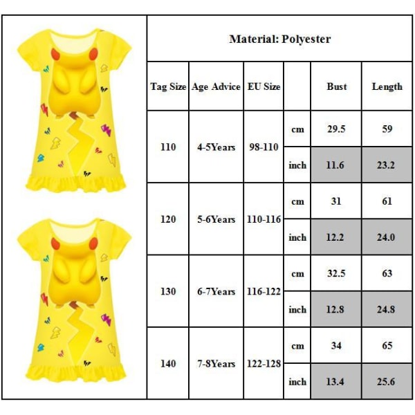 Pikachu 3d Print Nattlinne för barn Flickor Tecknad T-shirt klänning 120cm