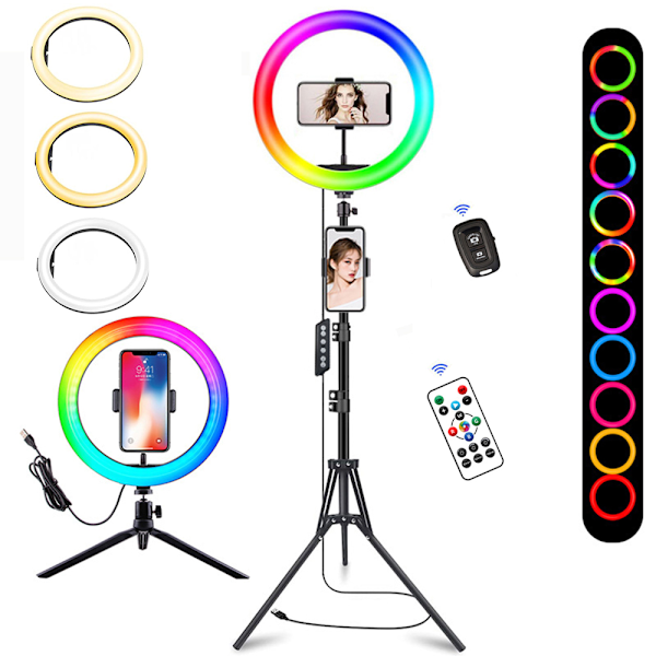 [3 dagars leverans] Lätt Bordsmodell 10 tums Ring Light med 2 Stativ - 18 RGB Färg Dimmbar Selfie Ring Light med Fjärrkontroll, Justerbar Höjd, för TK