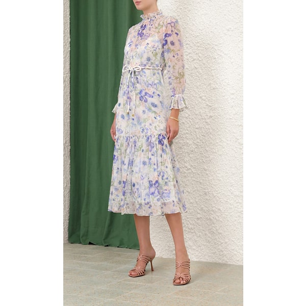 NATURA TUBULAR MIDI Kjole 2025 Sommer Dame Mode Temperament Retro Stående Hals Slips Flare Ærmer Dame Lang Kjole M