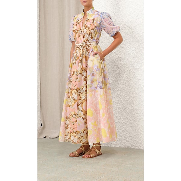 POP PUFF ÄRM MAXIKLÄNNING Dam Sommarklänningar Blommig Solklänning Retro Ståkrage Knytdetalj Midi Semester Långklänningar M
