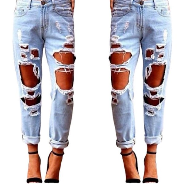 Kvinnas mode sexiga stora rippade tiggare jeans light bule S